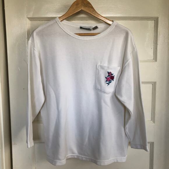 VTG 80s Gitano white long-sleeve pocket tee w/ pink rose embroidery M Streetwear - Picture 1 of 7